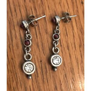 Silver-Tone Circle Link Dangle Purple and Crystal 1" Post Earrings
